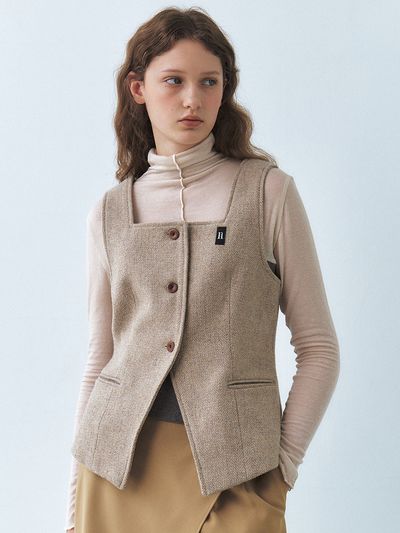 Et demain Single Square Wool Tweed Vest - Nut Beige