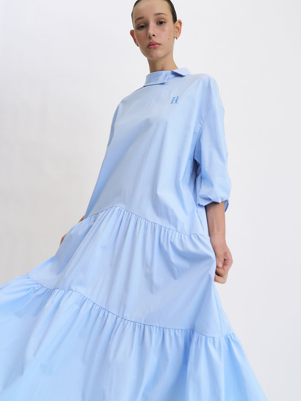 Et demain Sleeve Twist Long Shirt Dress (Light Blue)