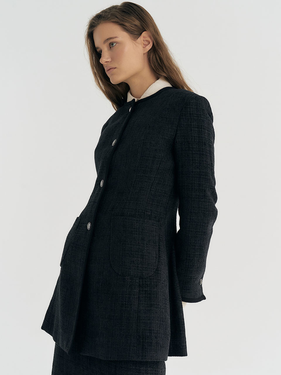 Et demain Structured Tailored Tweed long Jacket (Black)