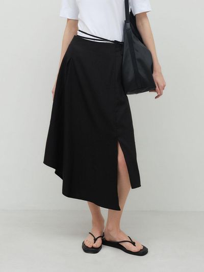 Et demain Unbalance Banding Flared Long Skirt [Black]
