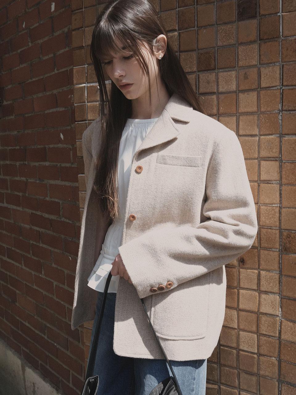 Et demain Wool Blend Tweed Single Blazer [Nut Beige]