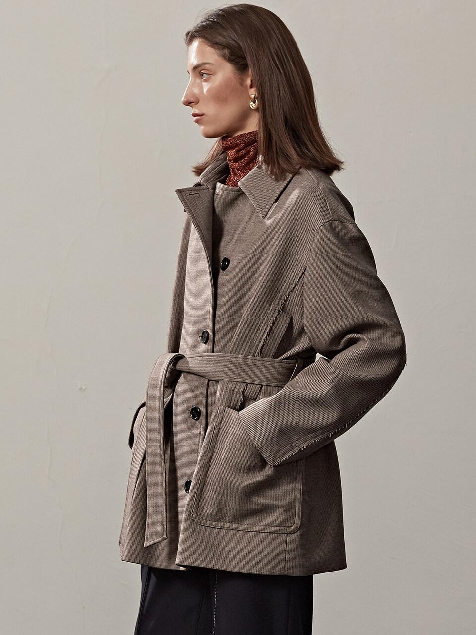 ETCH BELTED OVERSIZED HALF COAT JACKET(BEIGE)