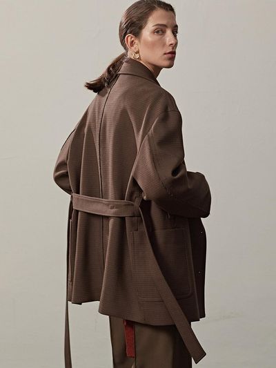 ETCH BELTED OVERSIZED HALF COAT JACKET(KHAKI)