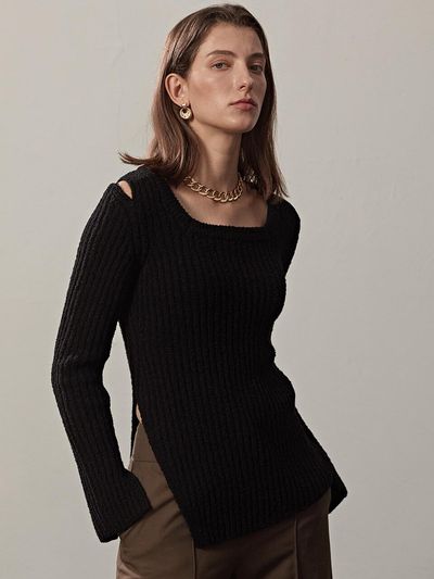 ETCH Ribbed-knit Square Neck Pullover_Black