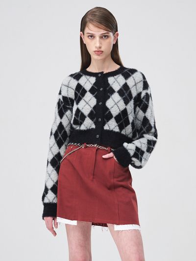 ETMON Argyle Fluffy Knit Cardigan _ Black