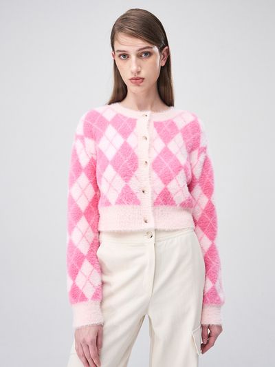 ETMON Argyle Fluffy Knit Cardigan _ Pink