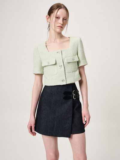 ETMON Buckle Wrap Mini Skirt_Black Indigo