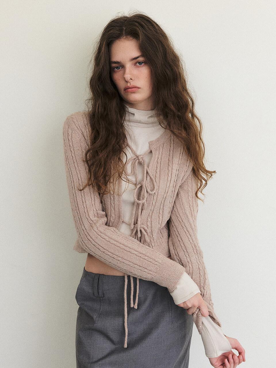 ETMON Cable Ribbon Knit Cardigan, Light Pink