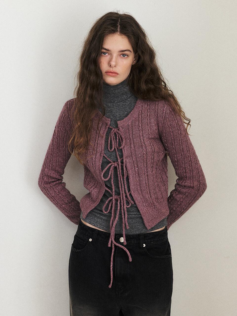 ETMON Cable Ribbon Knit Cardigan, Purple