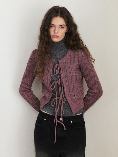 ETMON Cable Ribbon Knit Cardigan, Purple