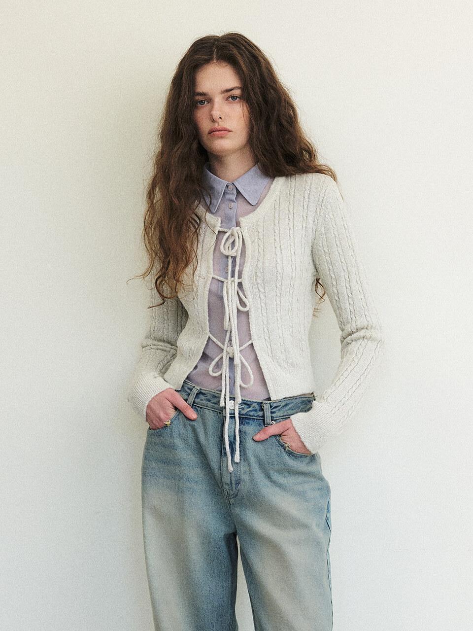 ETMON Cable Ribbon Knit Cardigan, Warm Grey