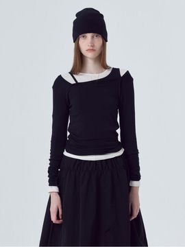 ETMON Curved Neck Slit T-Shirt, Black