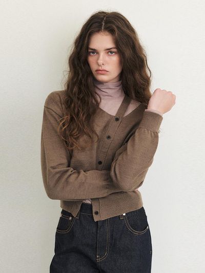 ETMON Cut -Out Diagonal Knit Cardigan, Mocha Beige