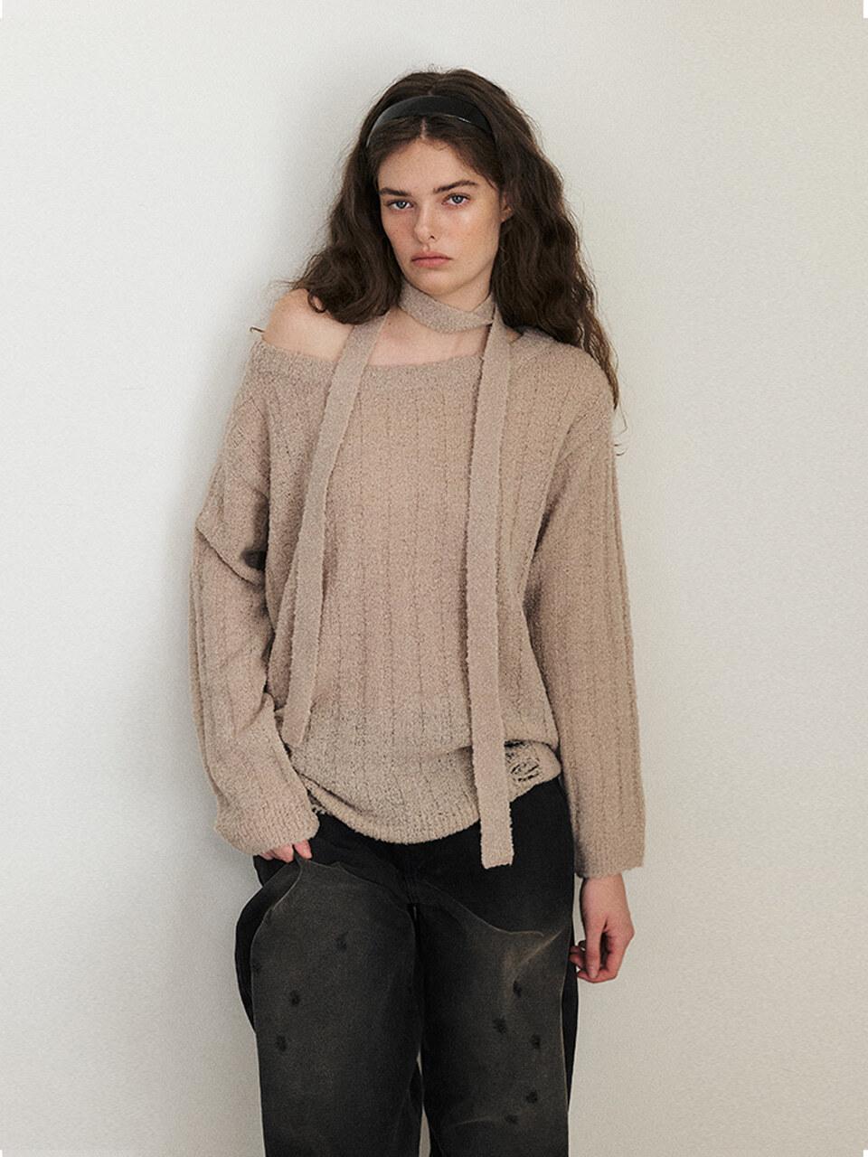 ETMON Damaged Boucle Scarf Knit, Pink Beige