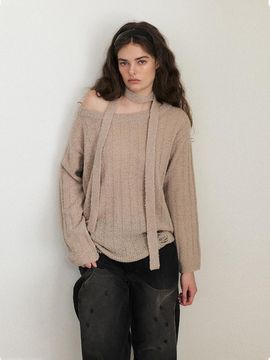 ETMON Damaged Boucle Scarf Knit, Pink Beige