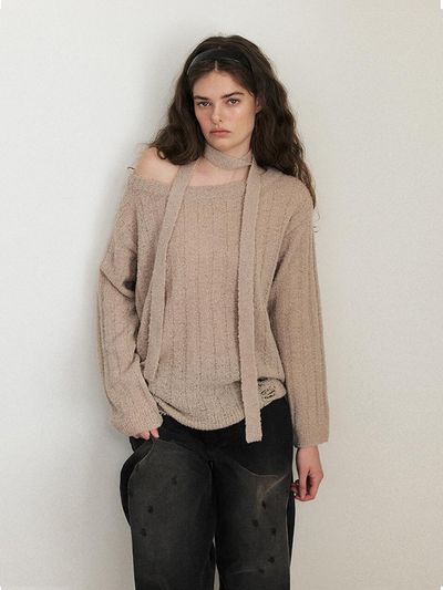 ETMON Damaged Boucle Scarf Knit, Pink Beige