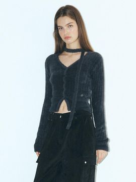 ETMON Fluffy Scarf Knit Cardigan, Charcoal
