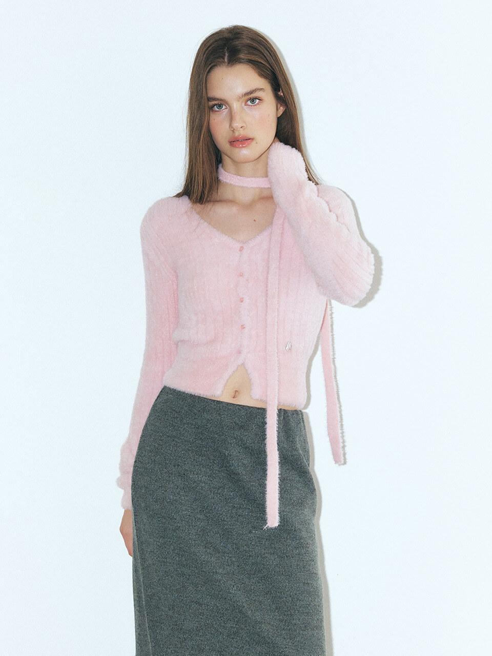 ETMON Fluffy Scarf Knit Cardigan, Pink