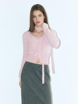 ETMON Fluffy Scarf Knit Cardigan, Pink