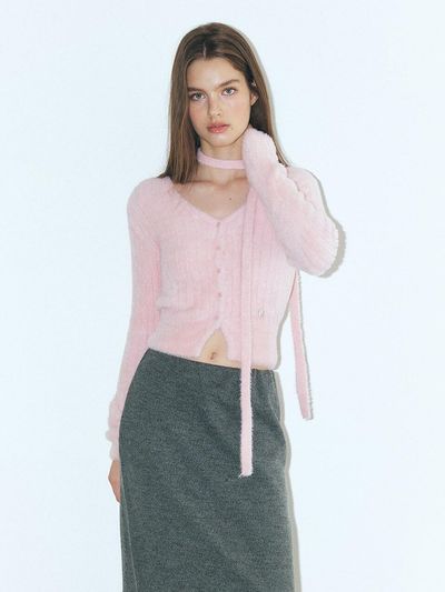 ETMON Fluffy Scarf Knit Cardigan, Pink