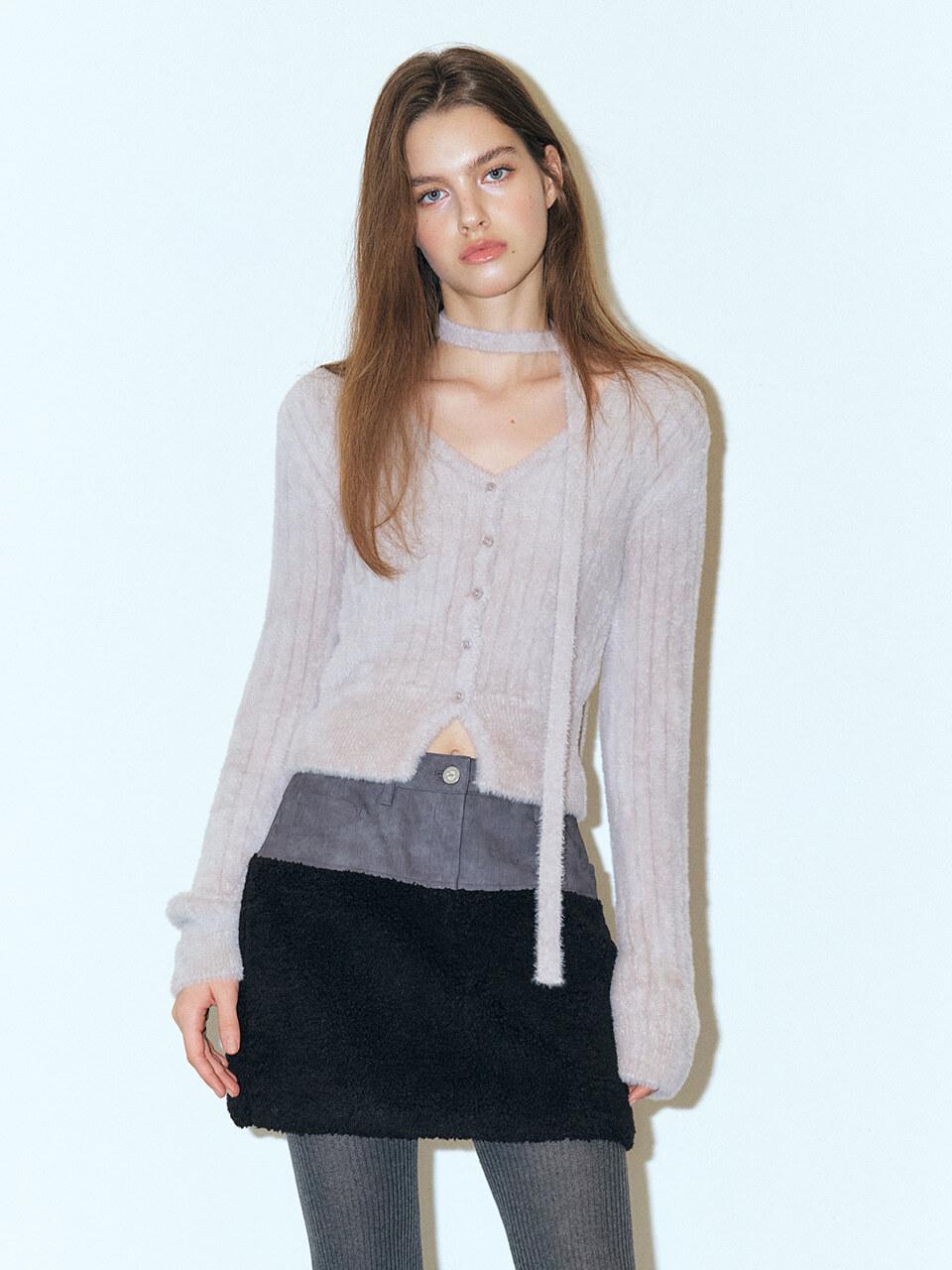 ETMON Fluffy Scarf Knit Cardigan, Warm Grey