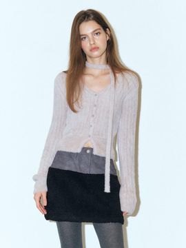 ETMON Fluffy Scarf Knit Cardigan, Warm Grey