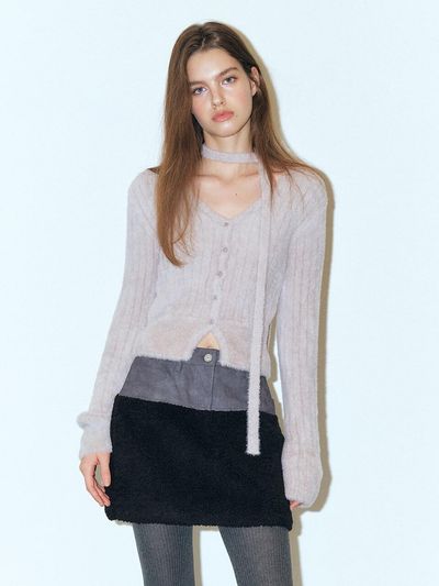 ETMON Fluffy Scarf Knit Cardigan, Warm Grey