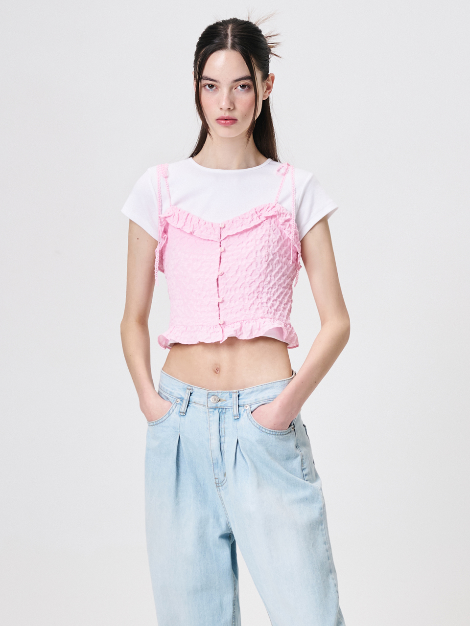 ETMON Frill Button Sleeveless Blouse, Pink