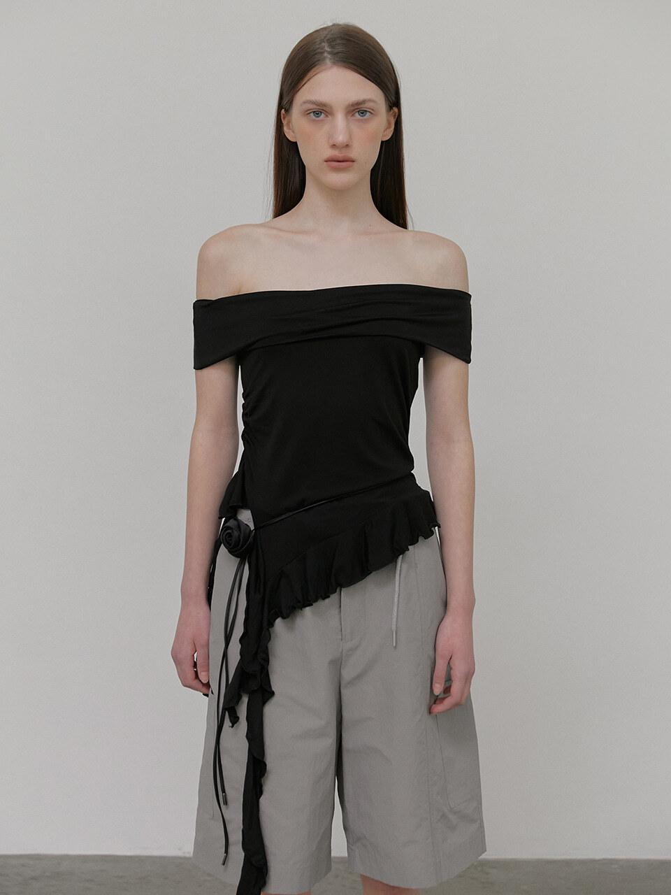 ETMON Frill Off Shoulder T-Shirt, Black