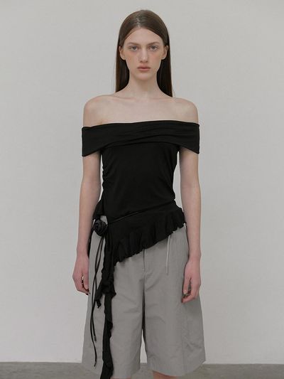 ETMON Frill Off Shoulder T-Shirt, Black