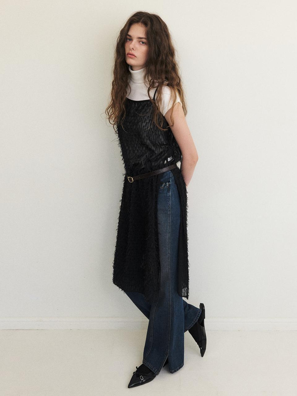 ETMON Fringe Lace Slip Dress, Black