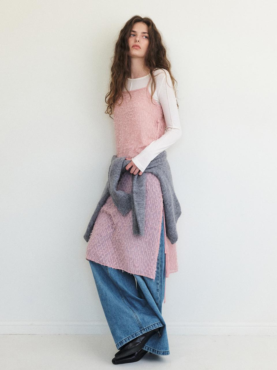 ETMON Fringe Lace Slip Dress, Pink