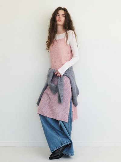 ETMON Fringe Lace Slip Dress, Pink