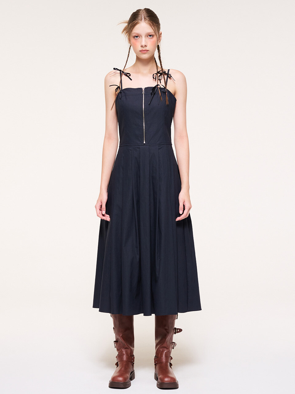 ETMON Front Zipper Pleated Slip Dress, Navy