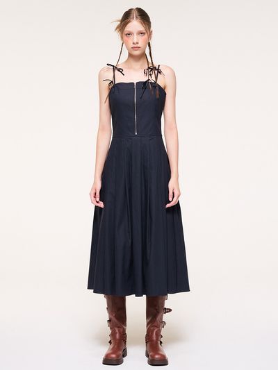 ETMON Front Zipper Pleated Slip Dress, Navy