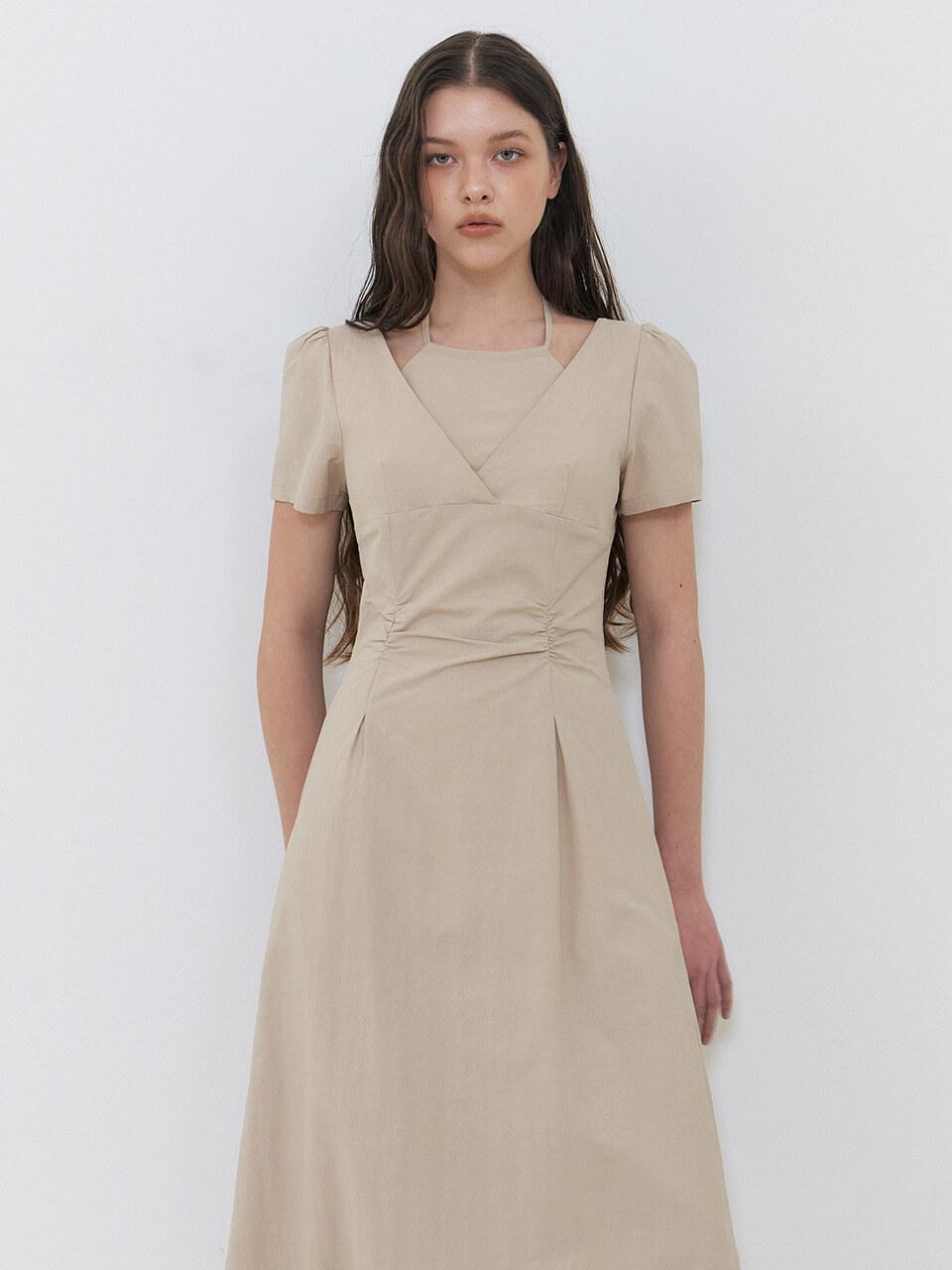 ETMON Halter-Neck Shirring Maxi Dress [Beige]
