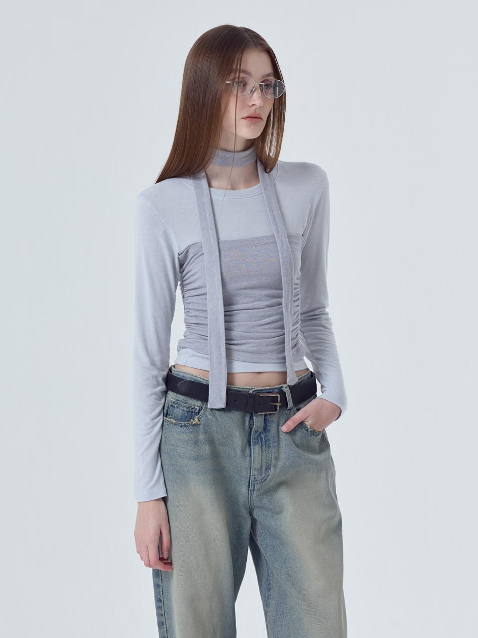ETMON Layered Shirring Scarf T-Shirt, Ash Blue