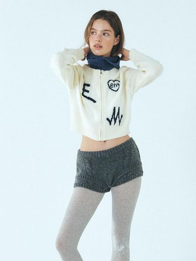 ETMON Lettering Zip - Up Knit Cardigan