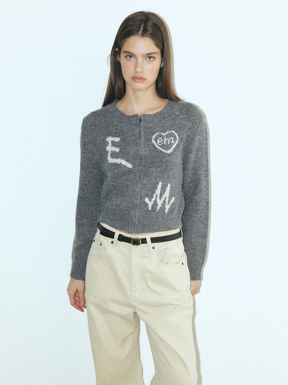 ETMON Lettering Zip - Up Knit Cardigan, Grey
