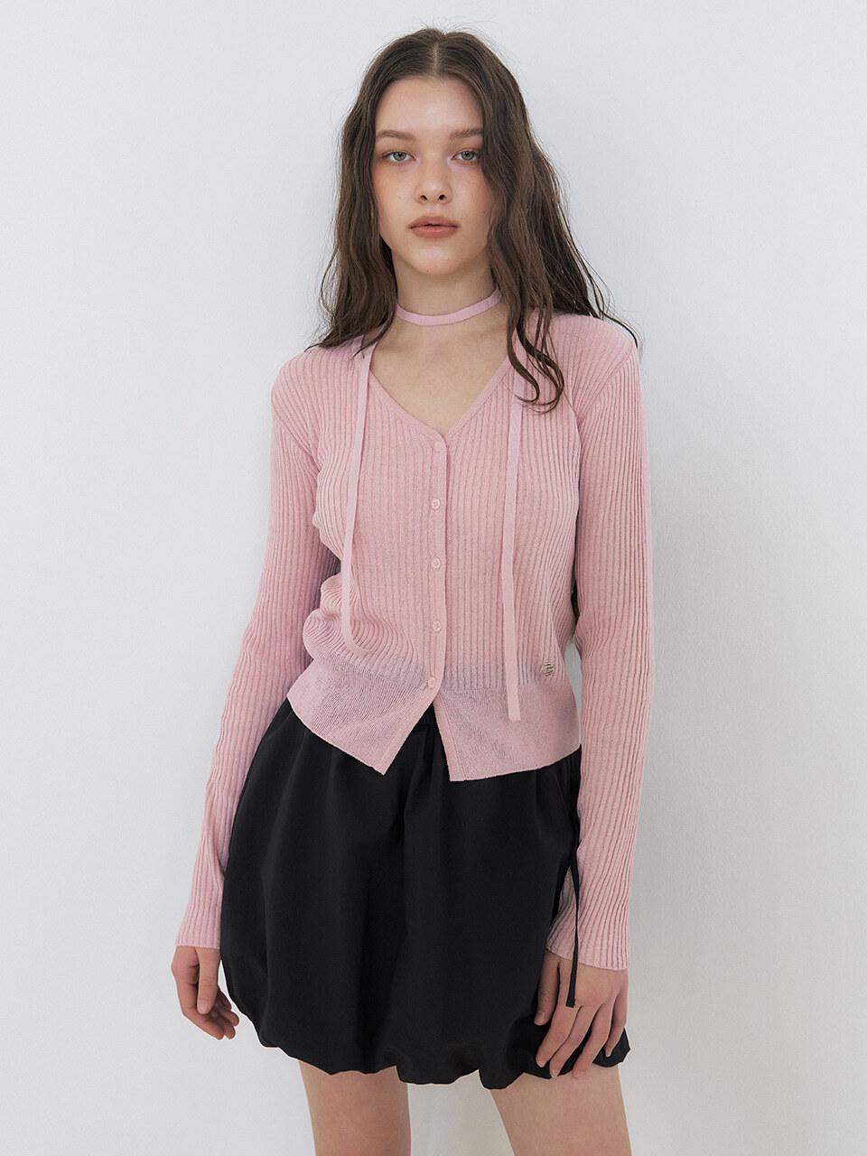 ETMON Linen Scarf Knit Cardigan [Light Pink]