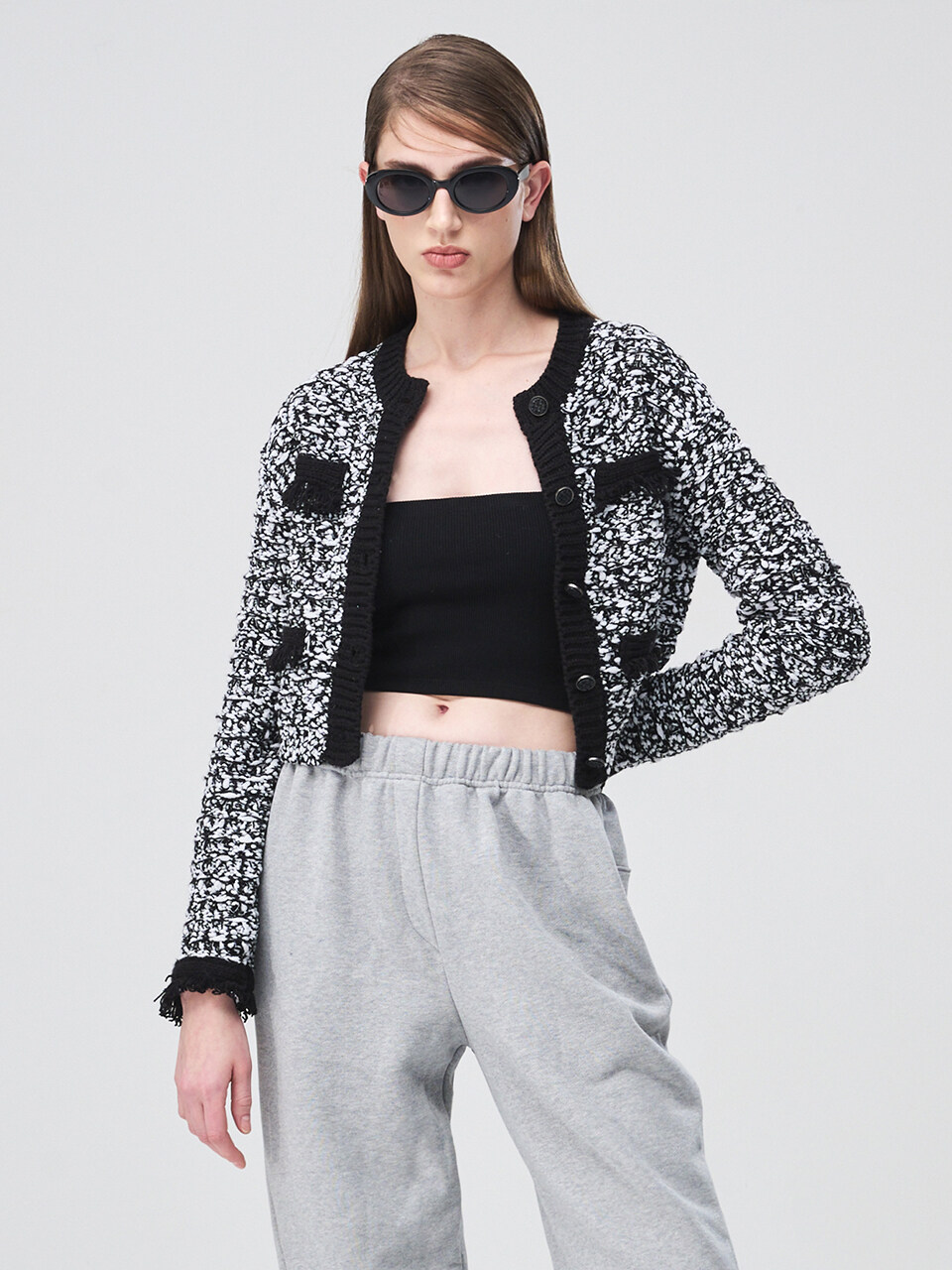 ETMON Mix Tweed Fringe Knit Cardigan _ Black