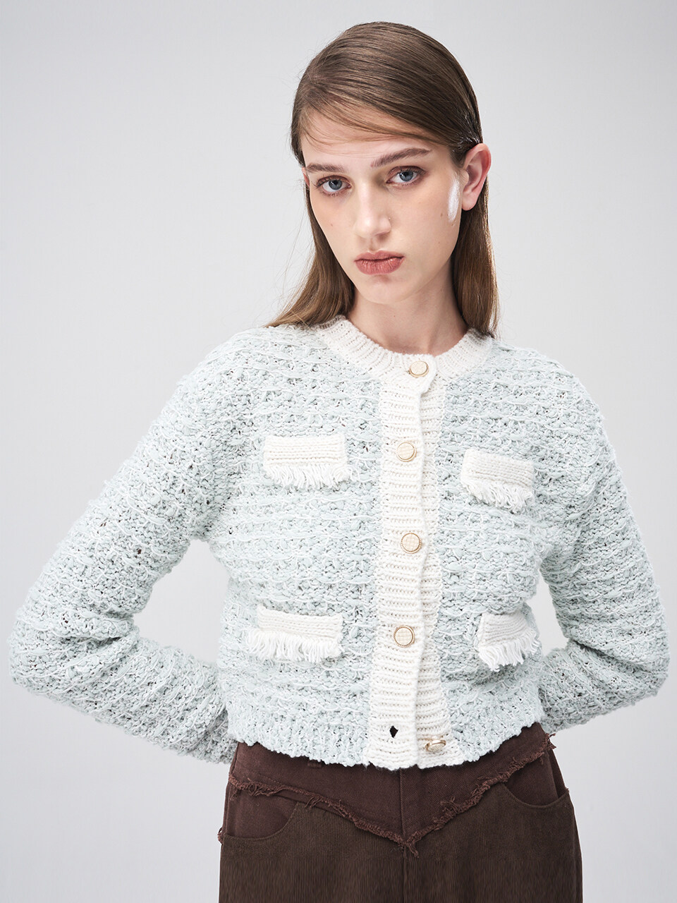 ETMON Mix Tweed Fringe Knit Cardigan _ Cream