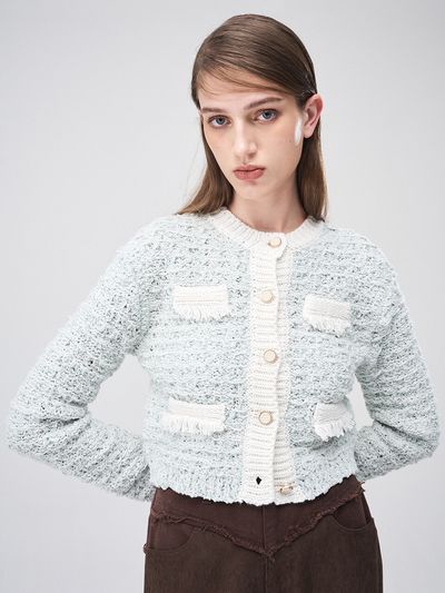 ETMON Mix Tweed Fringe Knit Cardigan _ Cream