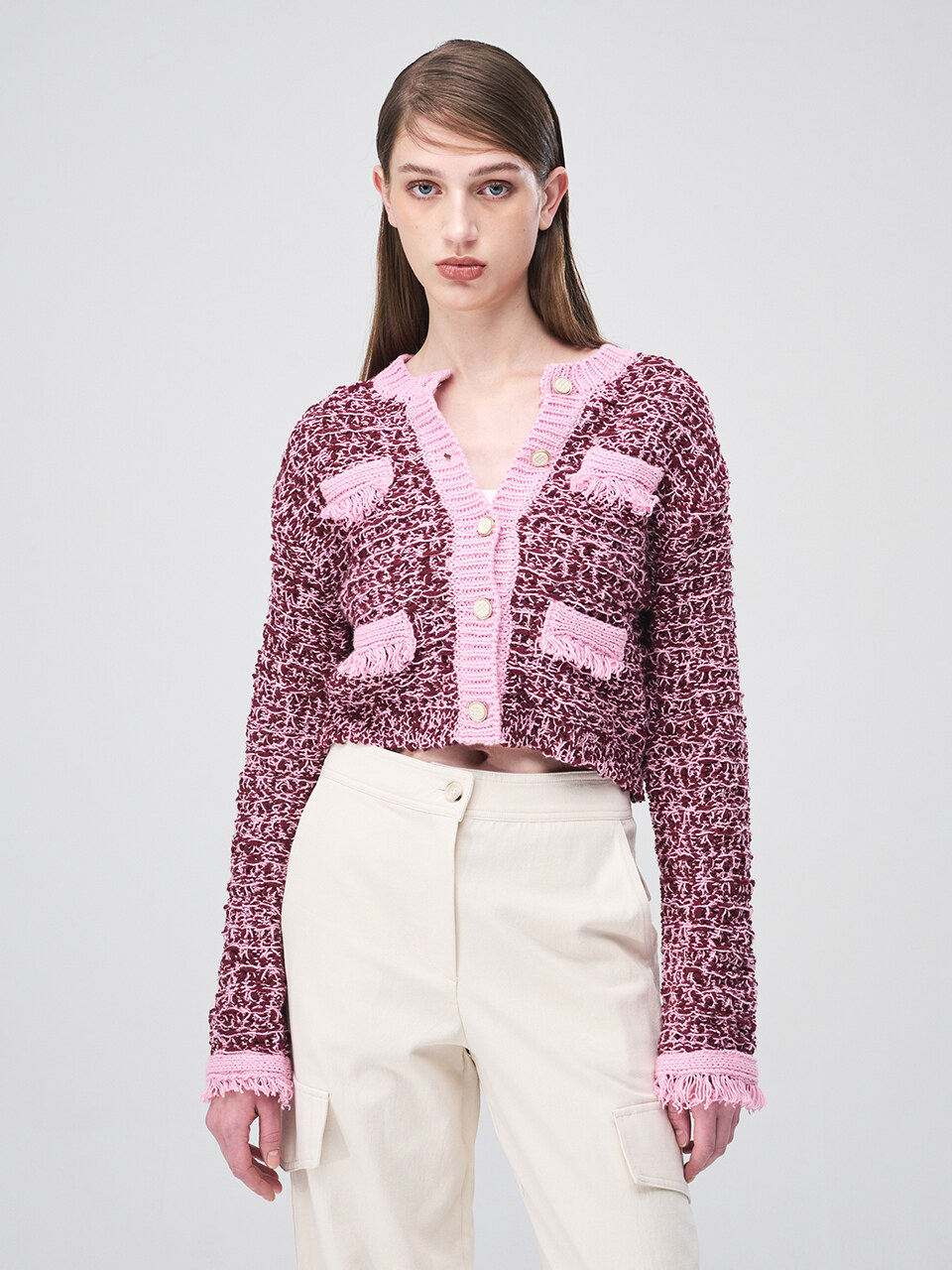 ETMON Mix Tweed Fringe Knit Cardigan _ Pink