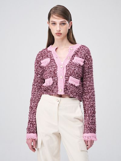 ETMON Mix Tweed Fringe Knit Cardigan _ Pink