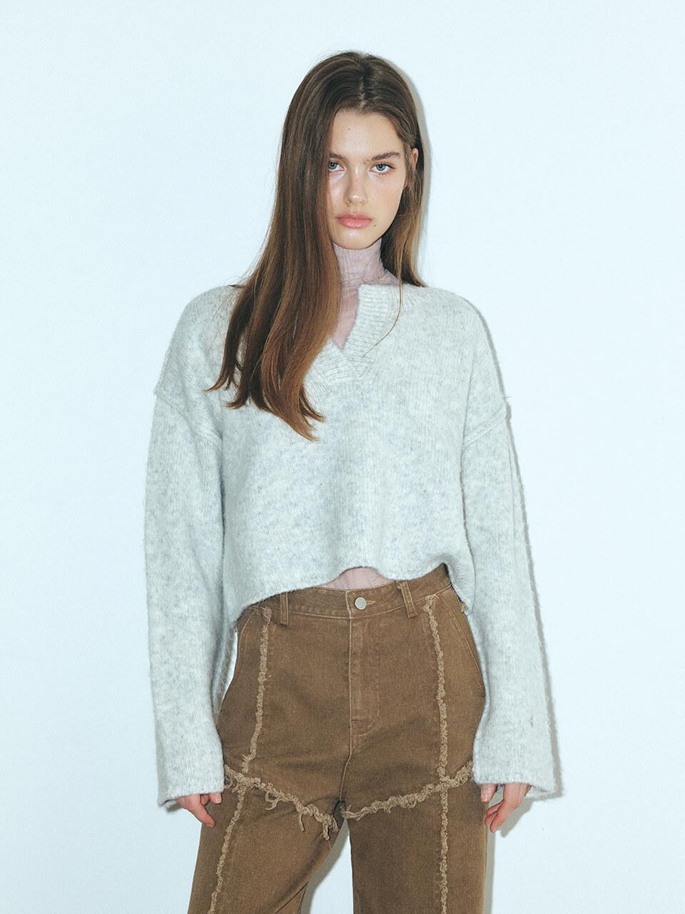 ETMON Neck - Slit Knit Pullover, Grey