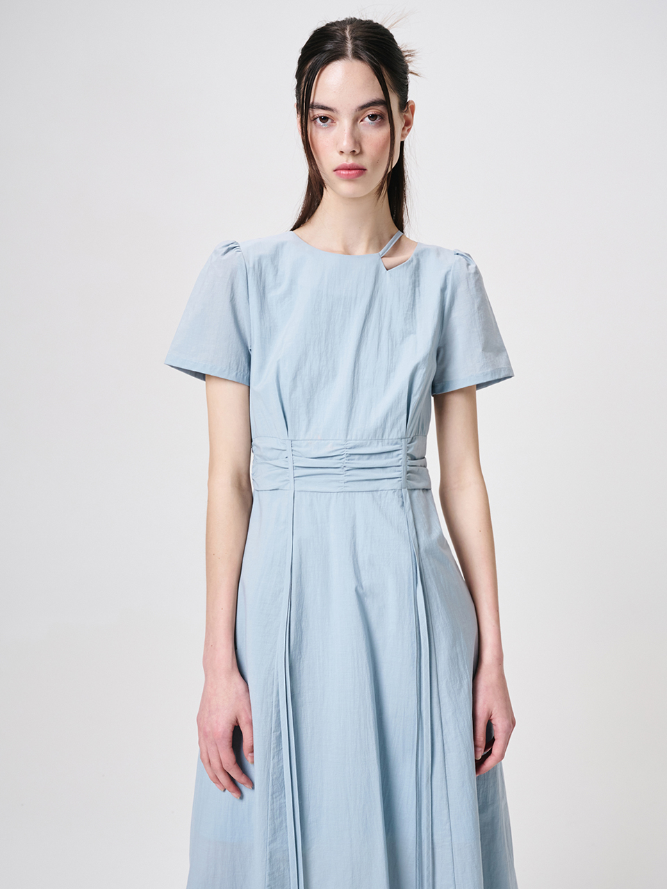 ETMON Neck Cut-Out Shirring Dress, Sky Blue
