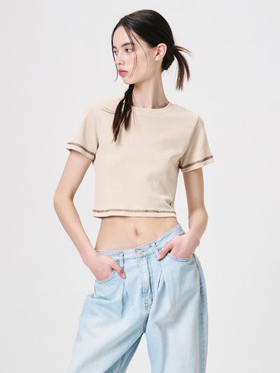 ETMON Pigment Stitch Detail T-Shirt_Beige