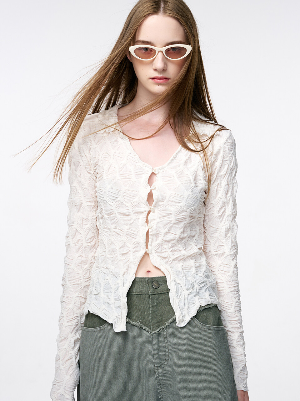 ETMON Pleats Texture Collar Blouse - Cream