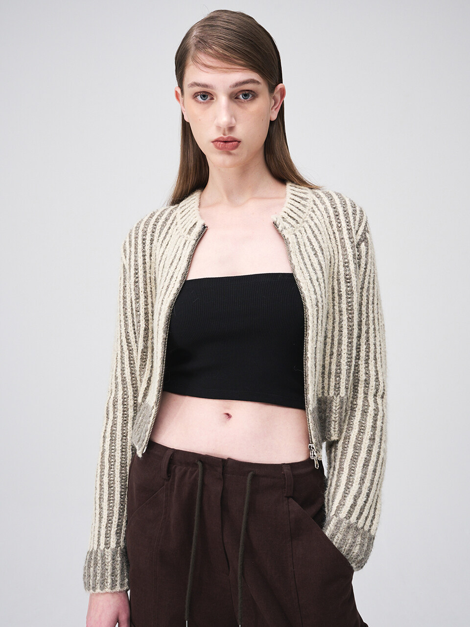 ETMON Ribbed Zip-Up Knit Cardigan _ Cream Beige